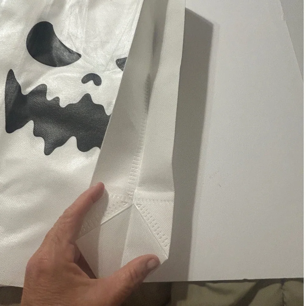 Halloween Trick or Treat Bag White Pumpkin Ghost Face Reusable Tote Spooky 15in